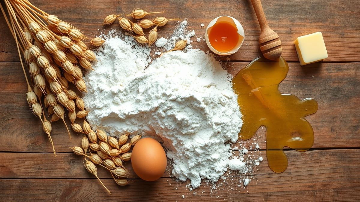 Visão de cima com os ingredientes da broinha de trigo fofa organizados em bancada de madeira