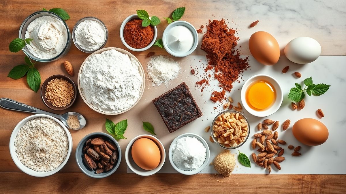 Ingredientes organizados em flat lay: chocolate amargo, ovos, farinha de avelã, nozes, manteiga e cacau em pó