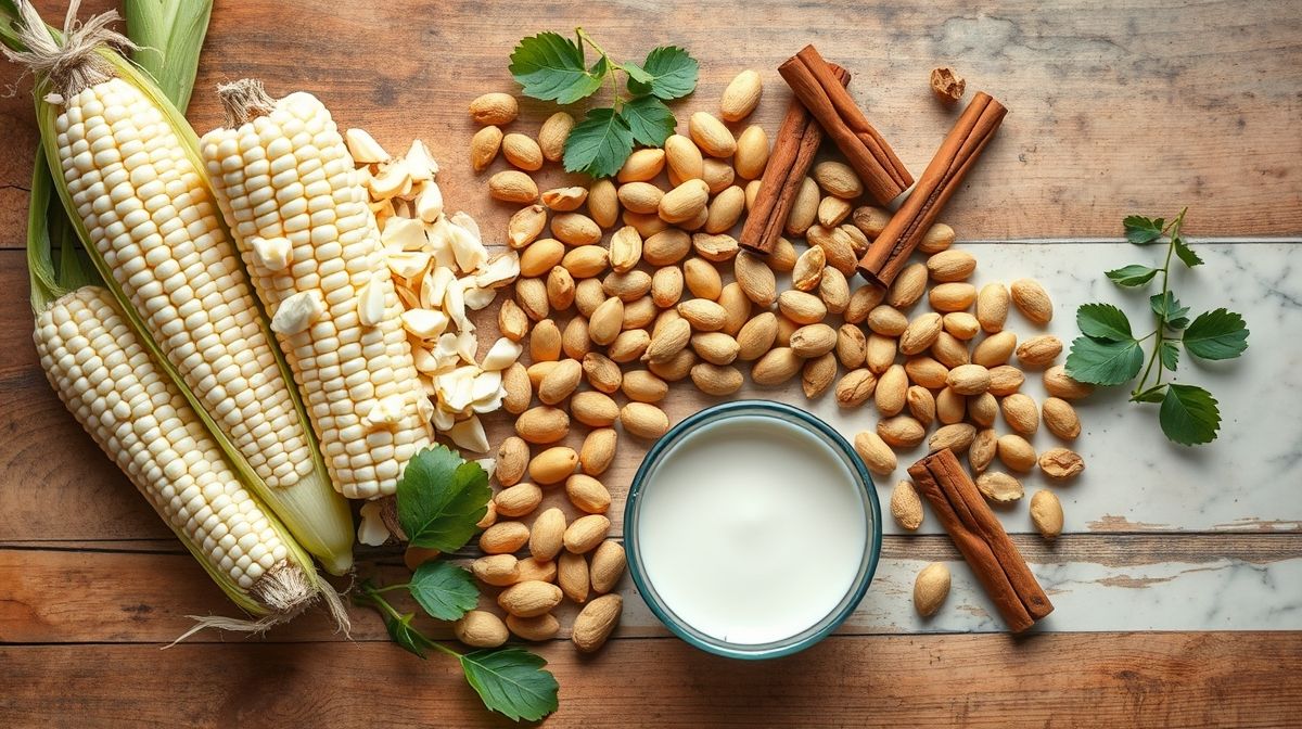 Ingredientes da canjica fit de paçoca organizados em bancada de madeira em flat lay.