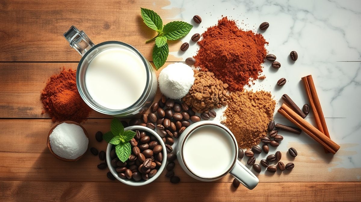 Ingredientes secos da receita organizados em flat lay sobre bancada rústica