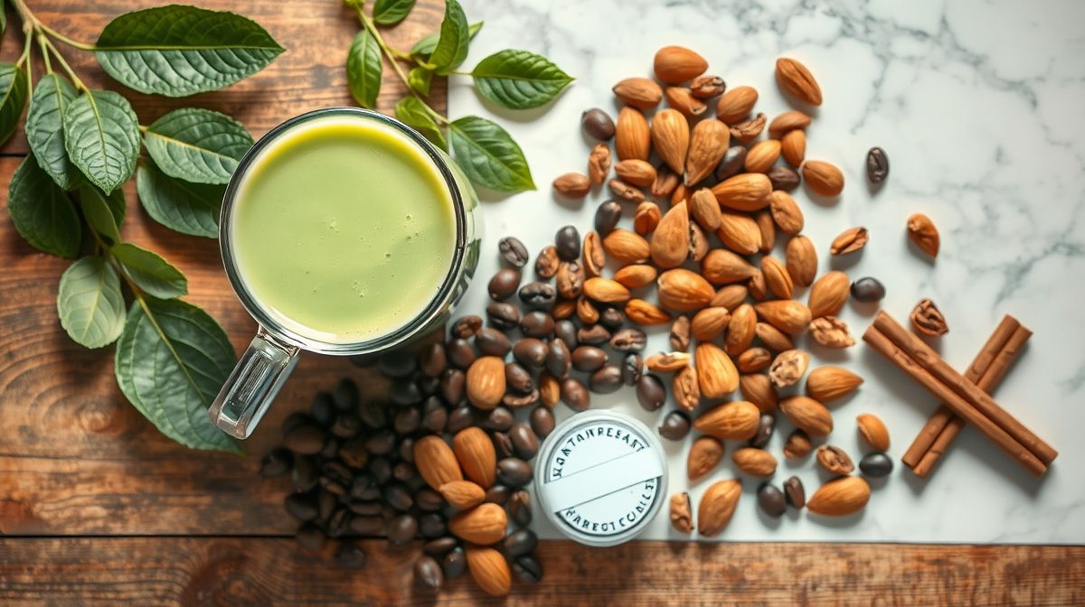 Ingredientes em pó organizados em bowls de vidro sobre bancada de madeira