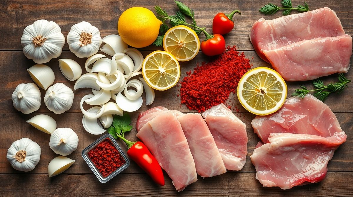 Ingredientes frescos organizados em bancada: carne de porco, alho, cebola, limão, páprica e temperos