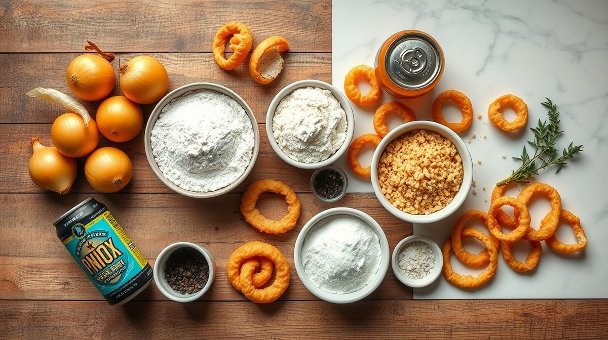 Ingredientes separados em tigelas, incluindo cebolas, farinha, ovo, cerveja gelada e temperos