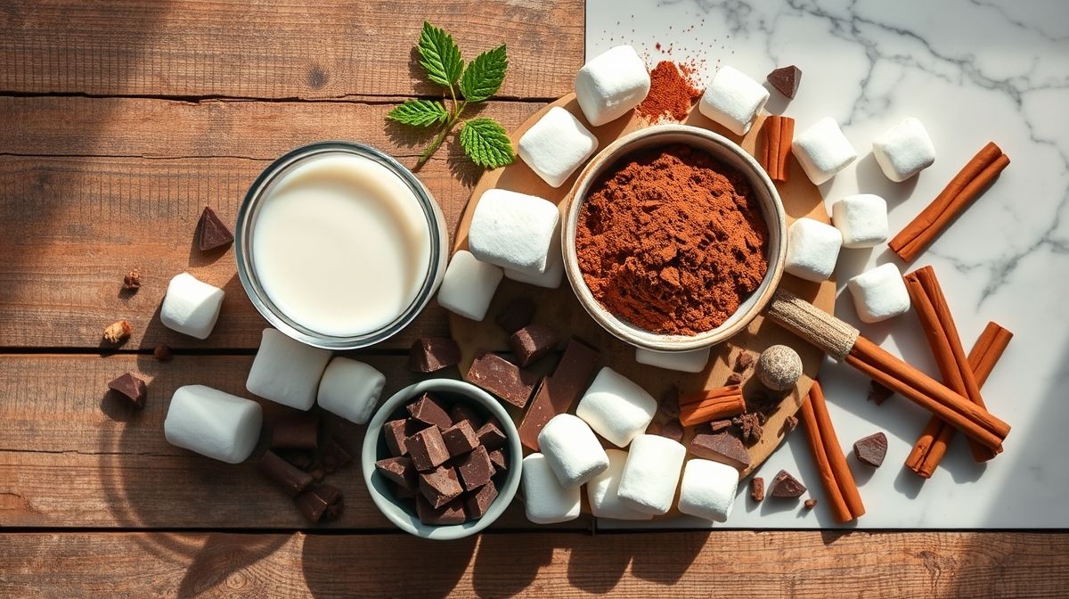 Ingredientes organizados em bancada: leite, cacau, amido, adoçante e canela