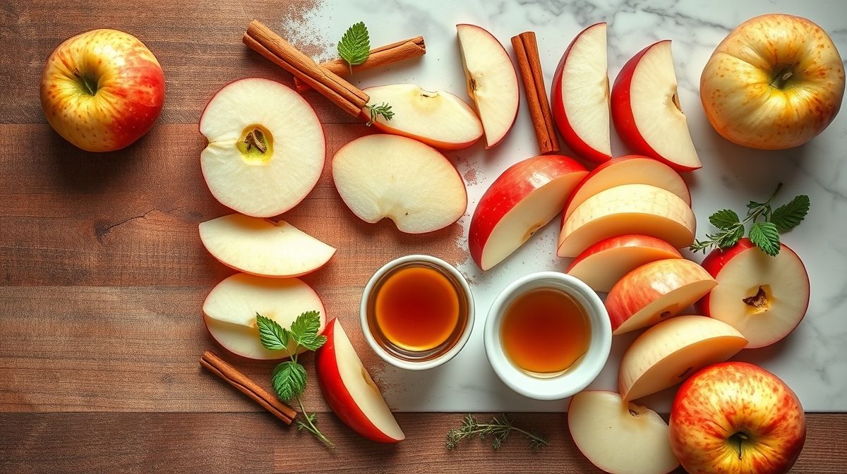 Ingredientes frescos para a compota organizados em flat lay sobre bancada de madeira.