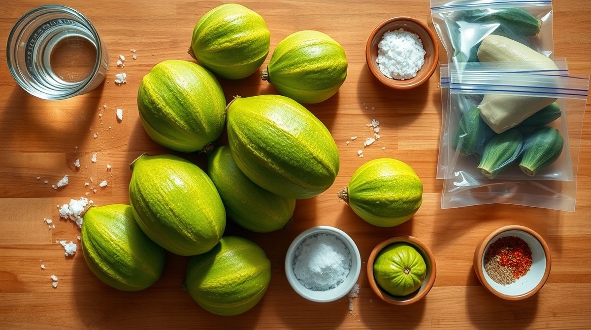 Ingredientes separados para o preparo do congelamento, incluindo chuchu fresco, água e recipientes