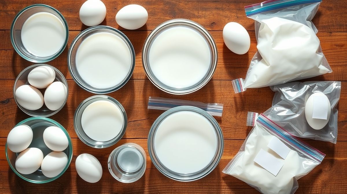 Ingredientes e utensílios organizados, como claras, potes e etiquetas em superfície de madeira