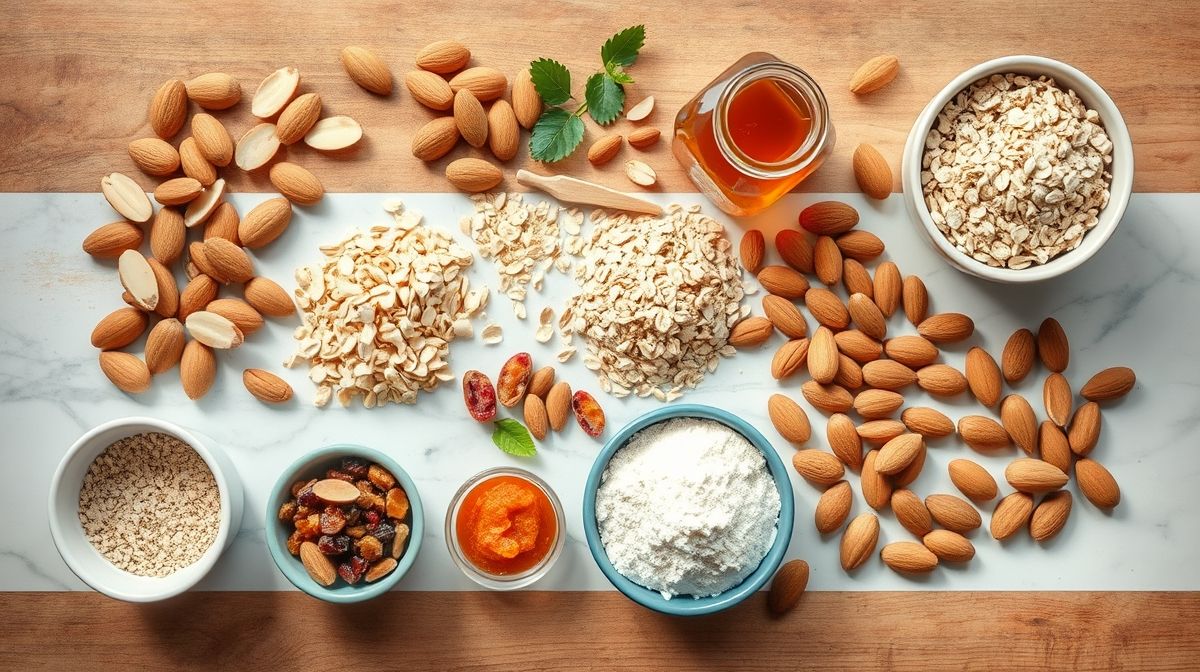 Ingredientes para cookies fit organizados em bancada de madeira