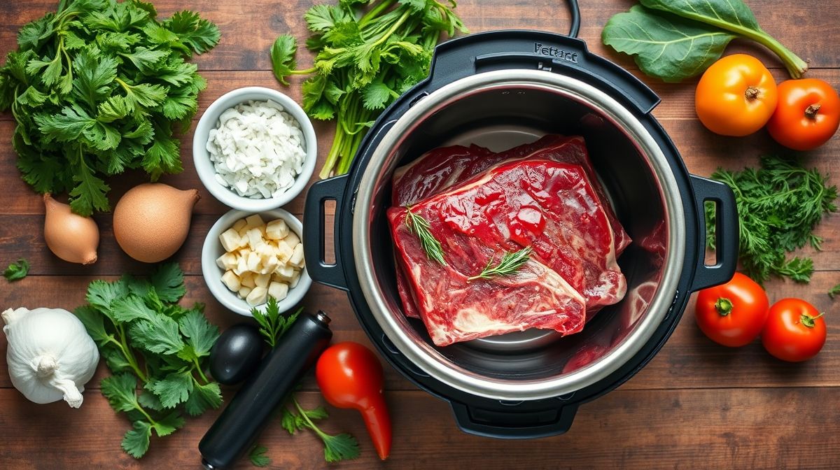 Ingredientes organizados em bancada rústica para preparo da costela.