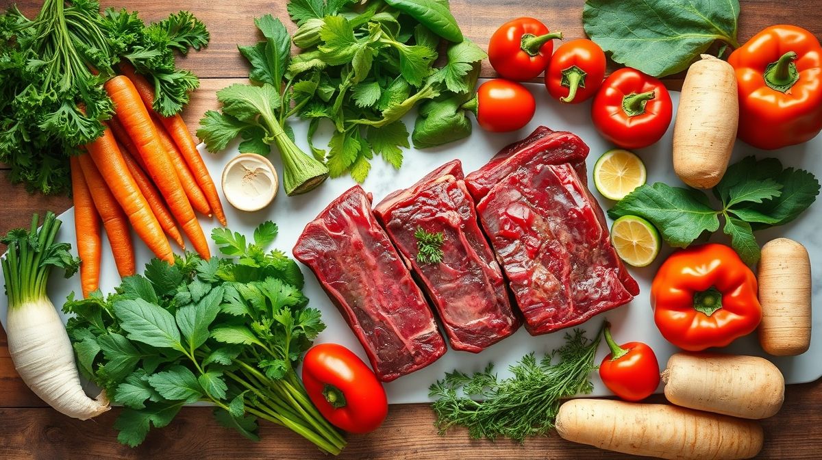 Ingredientes crus da receita organizados em bancada rústica, prontos para o preparo.