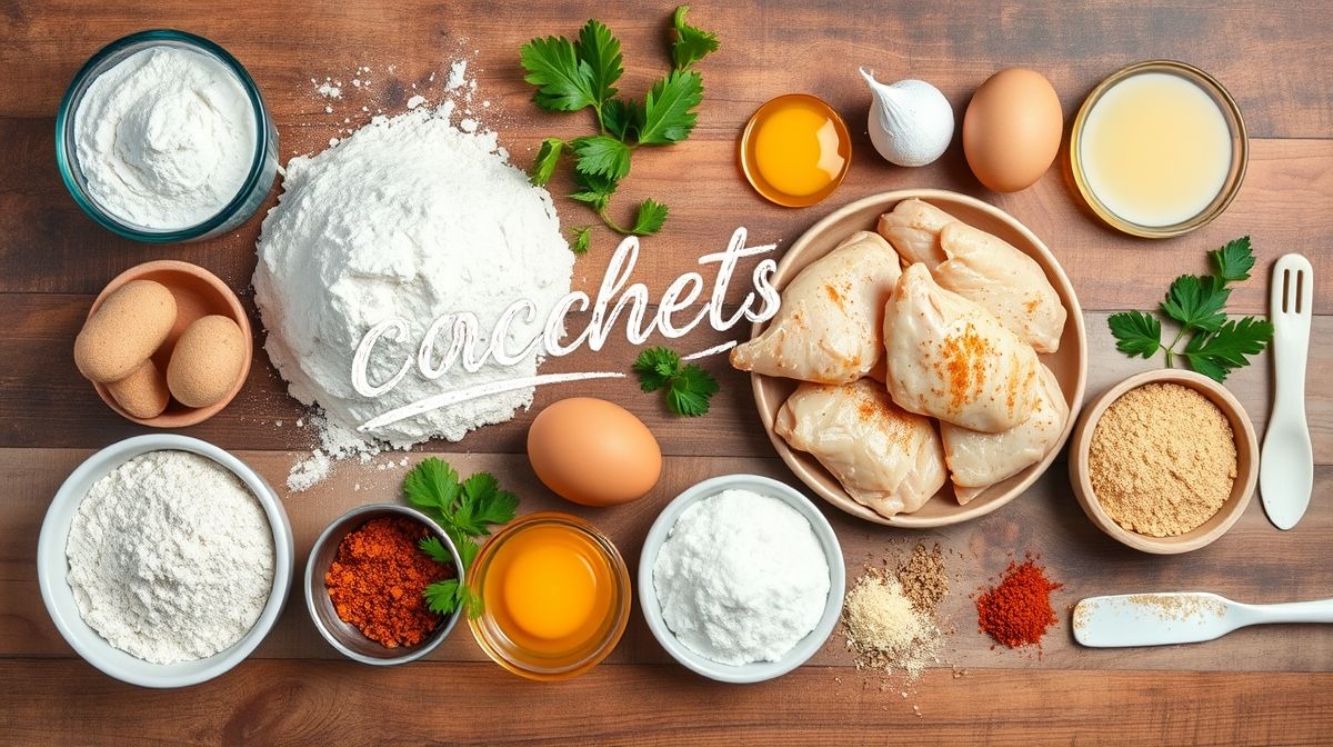 Visão de cima com os ingredientes da receita, incluindo farinha, peito de frango cozido, ovos, e temperos, organizados em uma bancada de madeira.