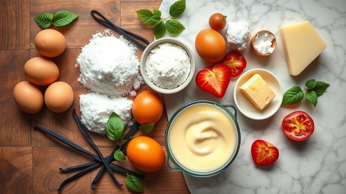 Visão de cima com os ingredientes do creme de confeiteiro organizados em uma bancada rústica