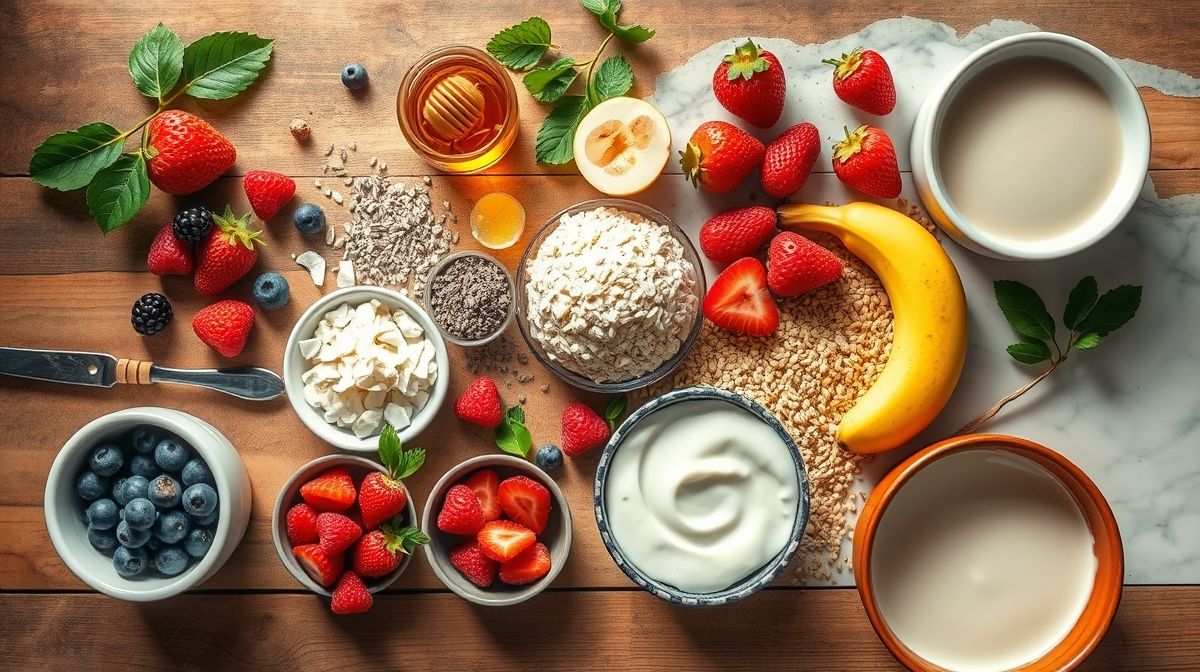 Ingredientes organizados em visão de cima sobre bancada: ovo, tapioca, cacau, banana e mel