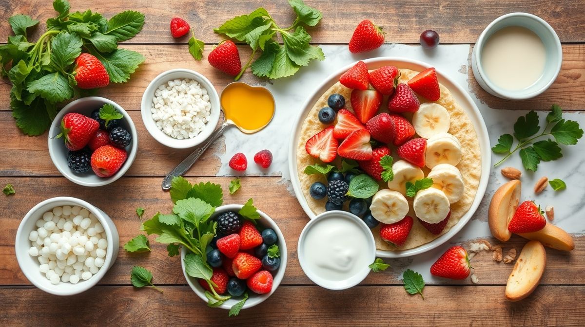 Visão de cima dos ingredientes da crepioca organizados em bancada rústica