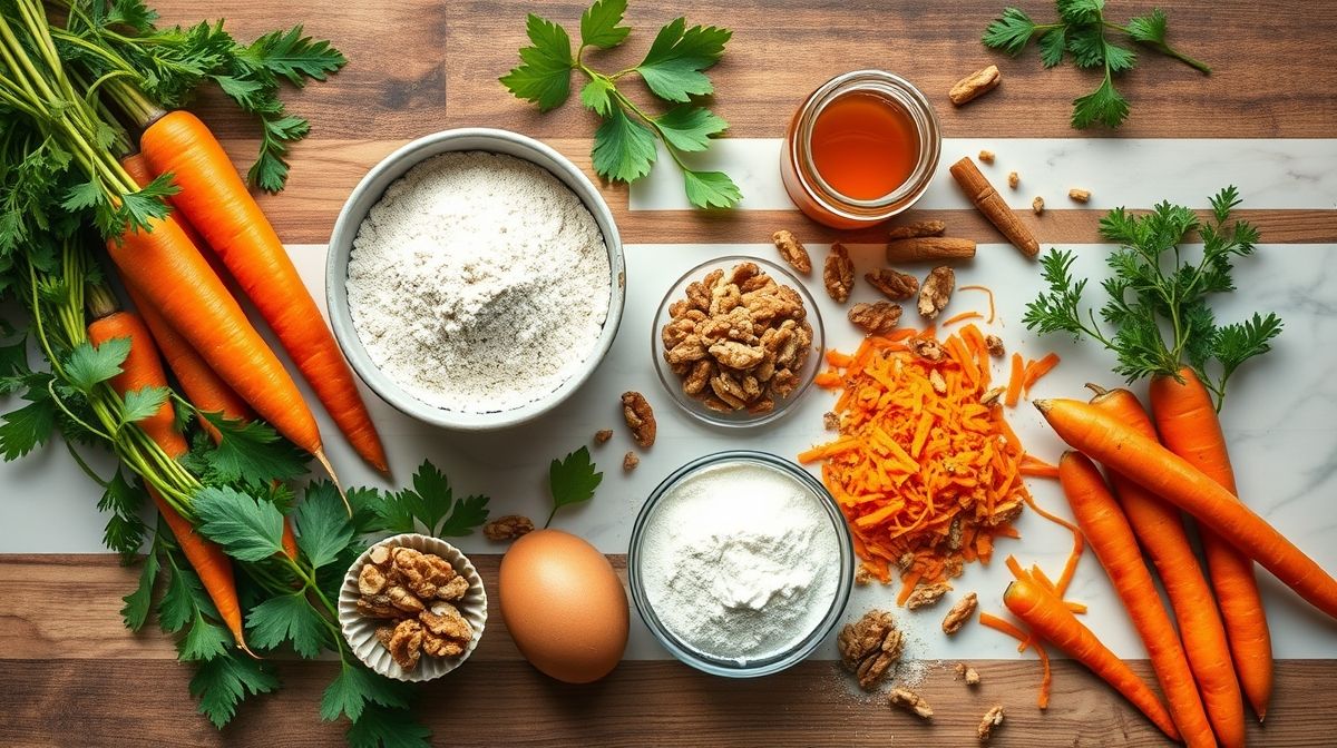 Ingredientes frescos organizados para a receita: cenoura ralada, ovos, aveia e uvas passas em tigelas sobre uma bancada rústica