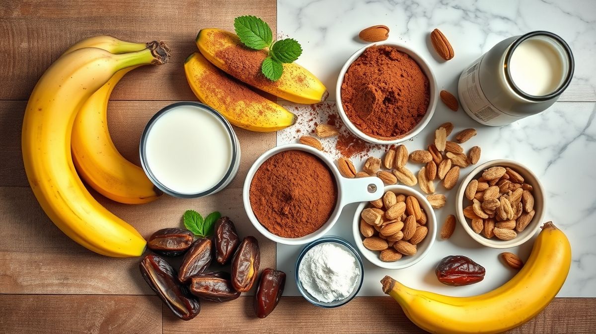 Ingredientes organizados em flat lay: bananas maduras, cacau em pó, canela e água em superfície rústica.