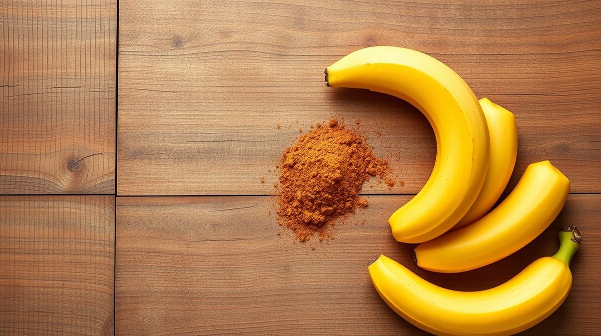 Ingredientes dispostos em flat lay com bananas maduras e canela em pó sobre bancada rústica