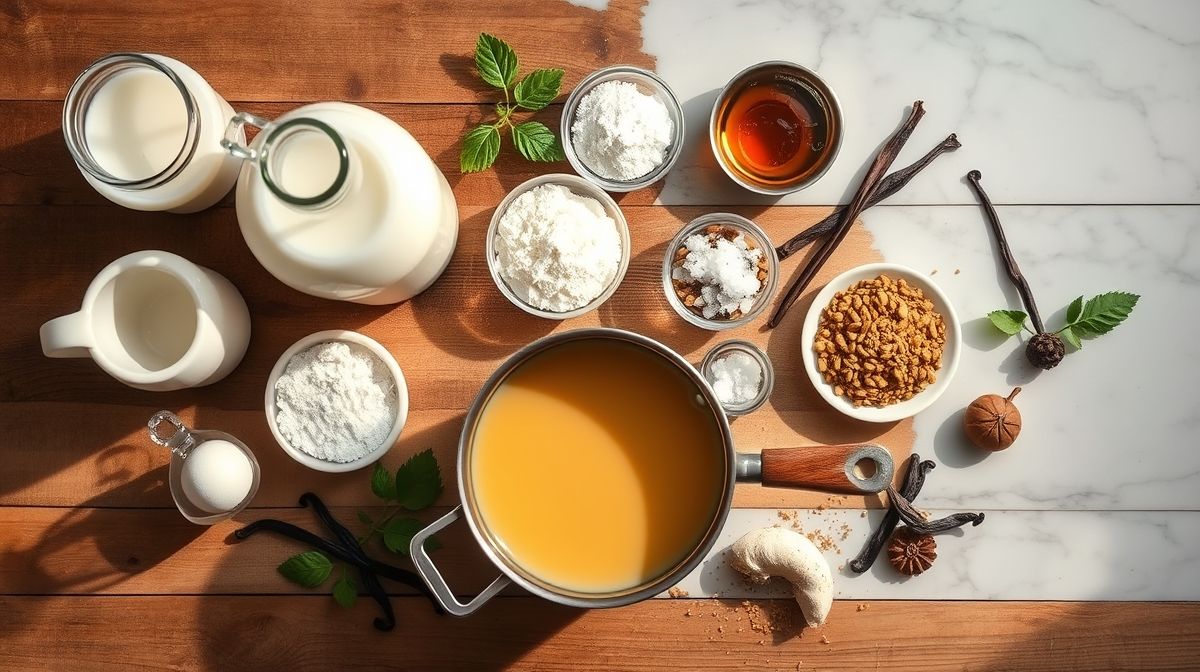 Visão de cima mostrando leite em pó, adoçante e água morna organizados em uma bancada de cozinha