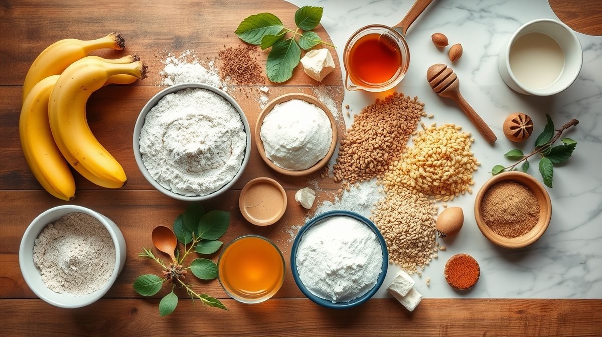 Ingredientes separados em tigelas sobre bancada rústica para preparo dos donuts fit.