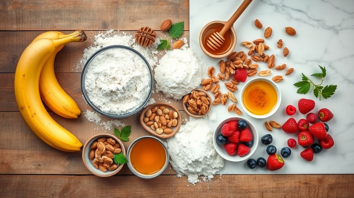 Ingredientes organizados em bancada para preparo dos donuts fit: bananas, cacau, ovos, leite em pó, adoçante e chocolate