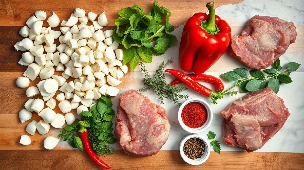 Ingredientes frescos para o ensopado organizados em bancada rústica.