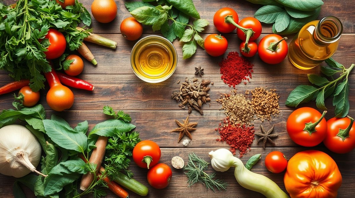 Ingredientes organizados em bancada rústica: farinha, fermento, tomates, cebola, limão e carne moída fresca.