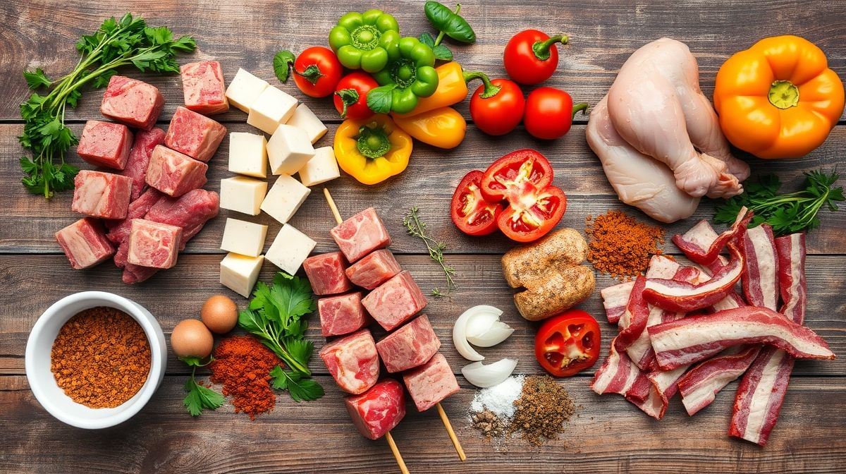 Vista de cima com carnes, legumes, temperos e palitos de churrasco organizados em uma bancada rústica