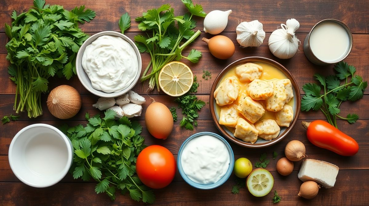 Ingredientes do frango ao curry organizados em bancada de madeira rústica.