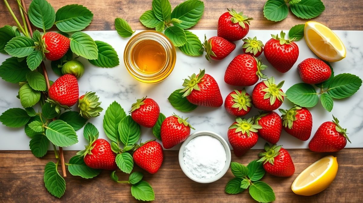 Ingrédients organisés : fraises fraîches, citron coupé et édulcorant culinaire dans de petits bols