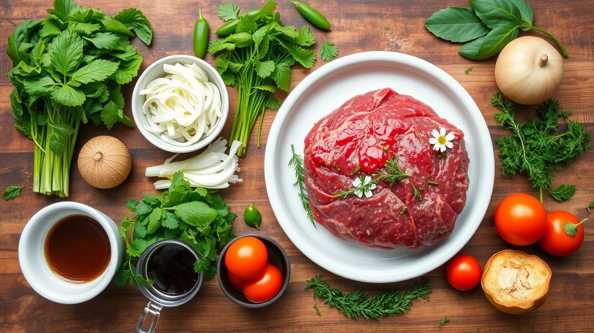 Ingredientes organizados em flat lay: vinho, cebola, alho, louro, alecrim, azeite e temperos.