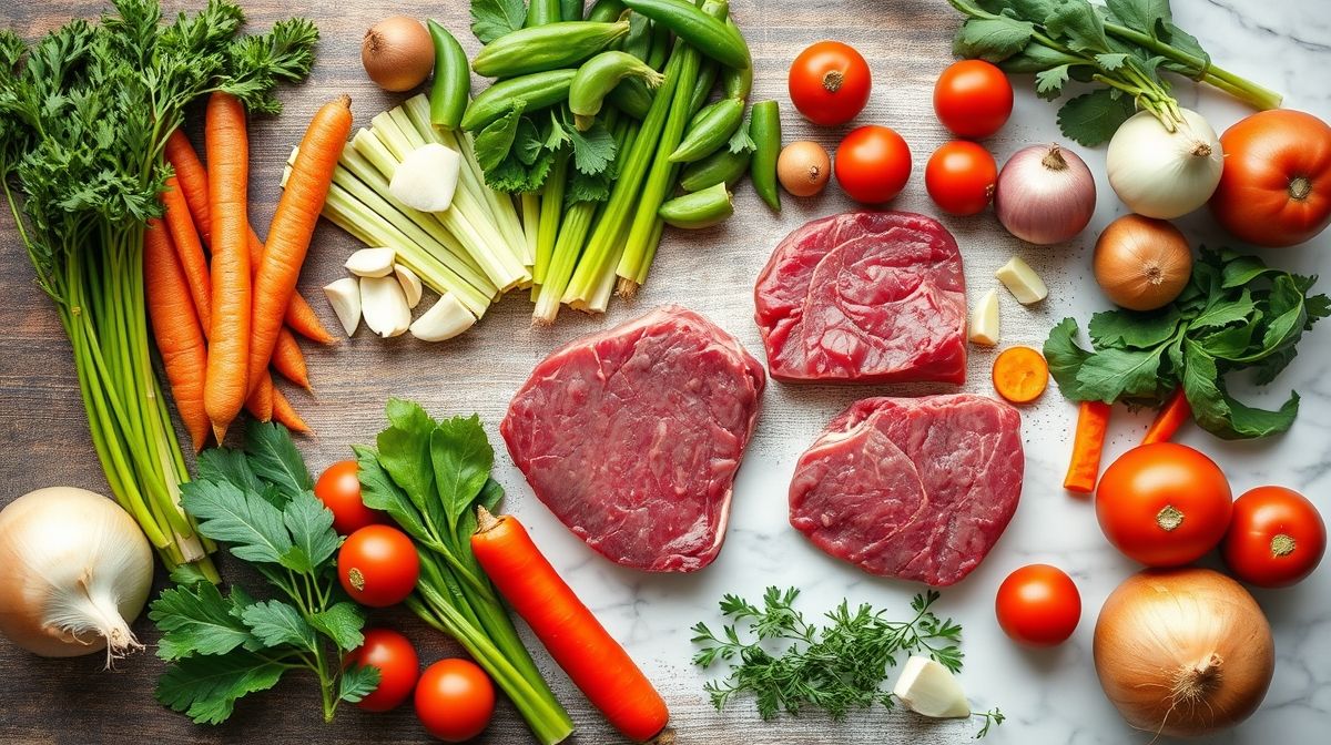 Ingredientes crus do miolo de acém na bancada: carne em cubos, temperos e verduras organizados em flat lay
