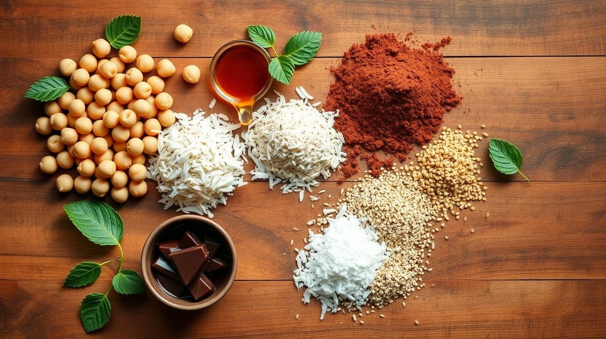 Ingredientes do Nescau Ball de grão de bico fit organizados em bancada em visão de cima