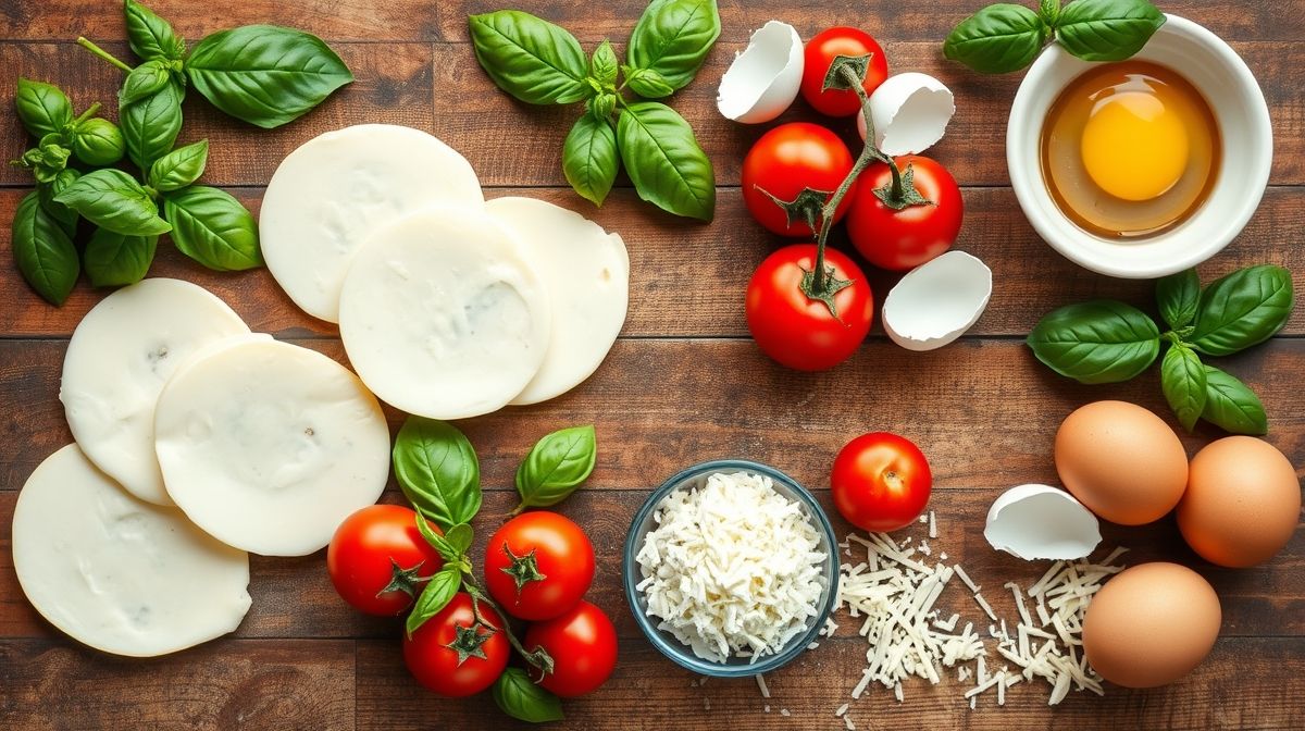 Ingredientes frescos como ovos, tomates cereja e mozzarella organizados em bancada rústica.