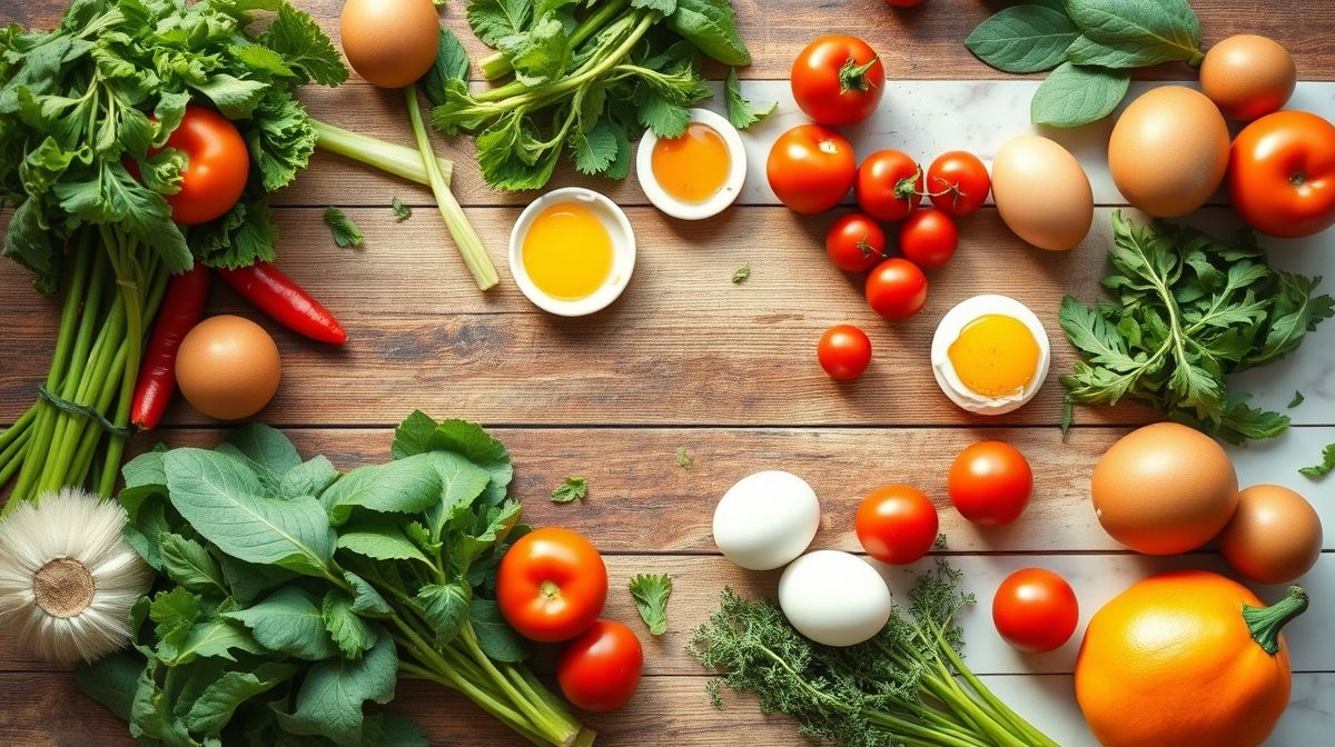 Ingredientes frescos para o omelete fit organizados em uma tábua ou bancada de cozinha