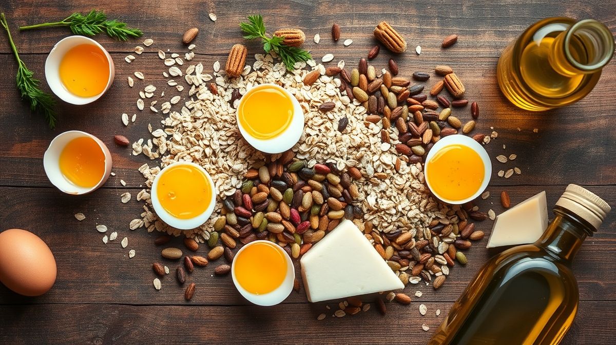 Ingredientes da omelete fit organizados em bancada: ovos, aveia, sementes, queijo e temperos