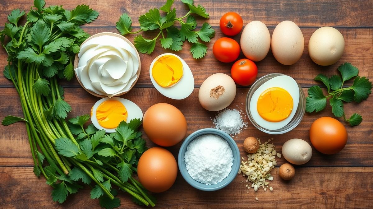Visão de cima com ovos frescos e água fria em uma bancada de cozinha, prontos para o preparo.