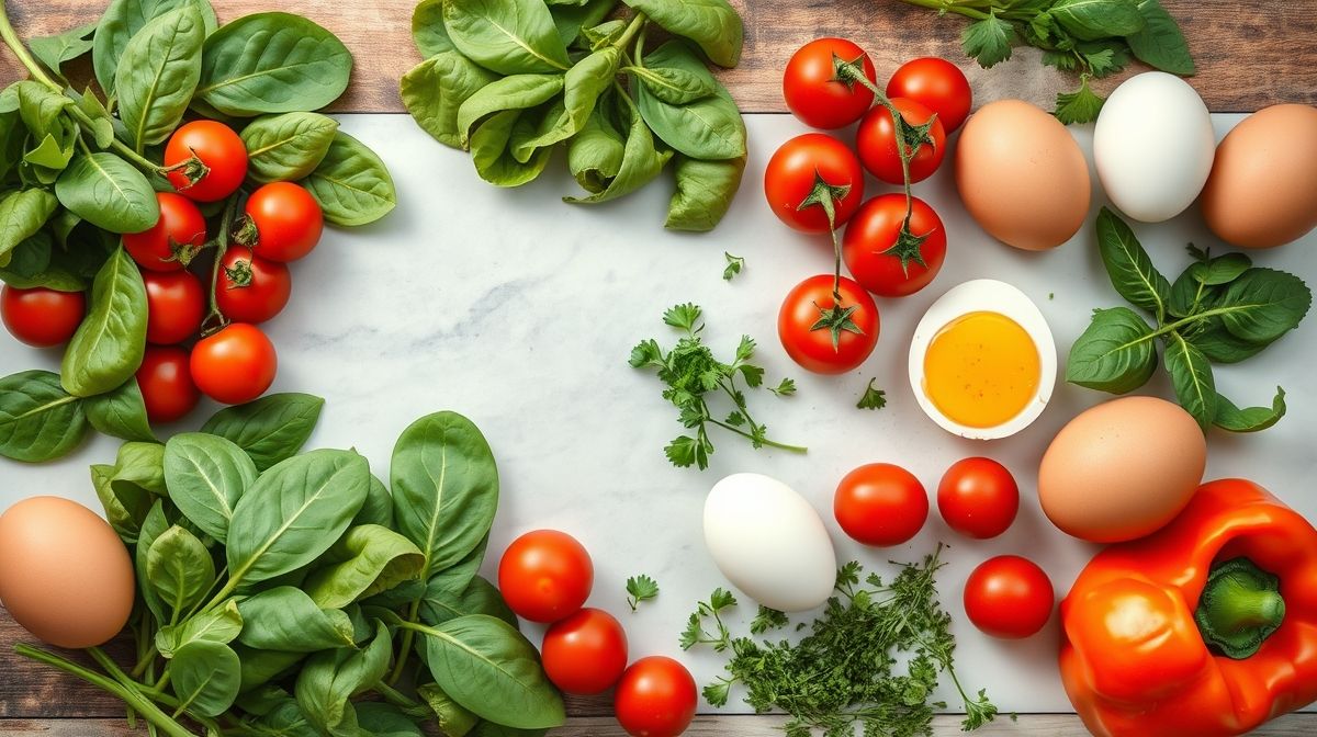 Ingredientes frescos da receita dispostos sobre bancada de madeira: ovos, cenoura, cebola e temperos.