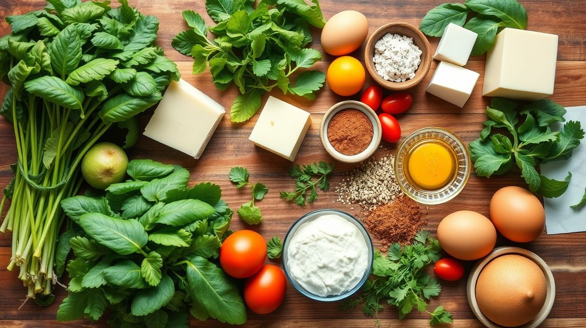 Ingredientes frescos da receita organizados sobre bancada de madeira