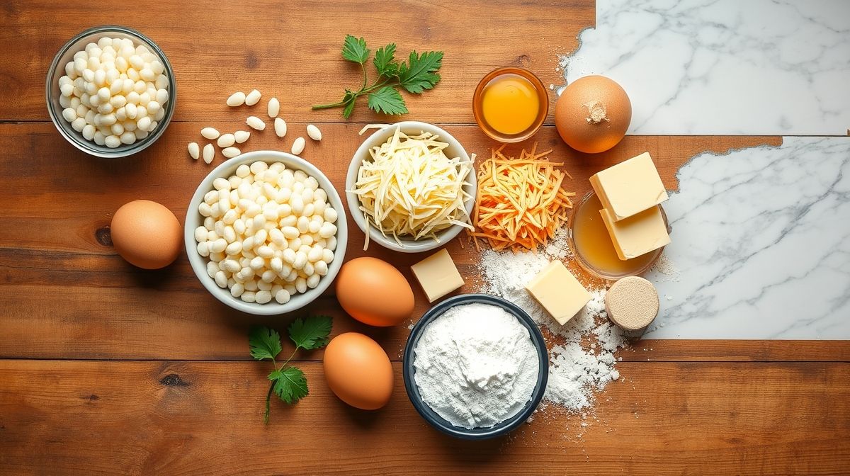 Vista de cima mostrando tapioca, queijos, ovo e leite em tigelas sobre bancada rústica.