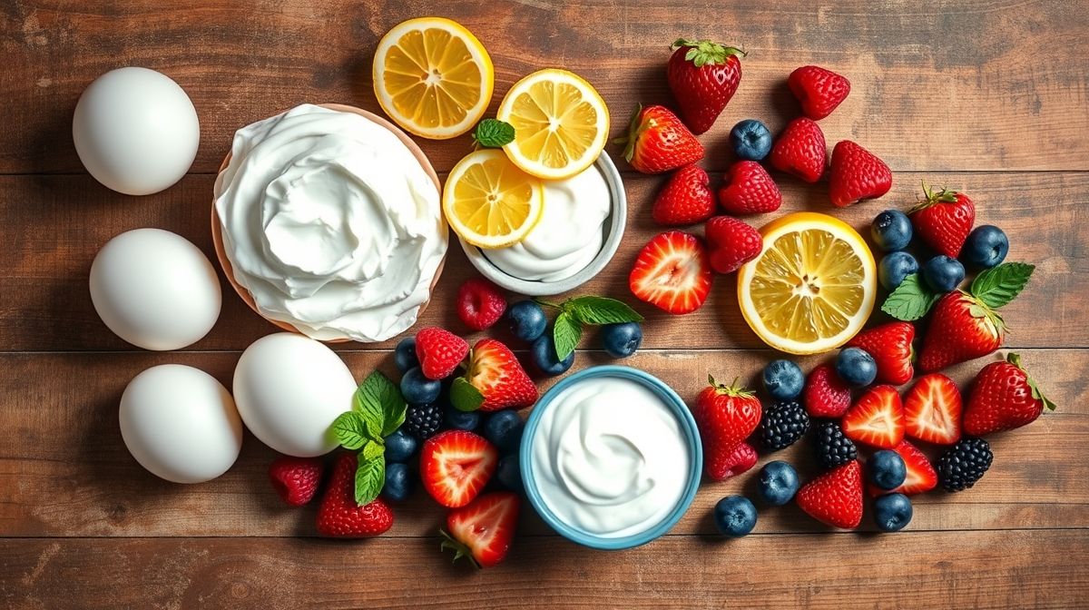 Ingredientes da pavlova sem açúcar organizados em uma bancada rústica de madeira