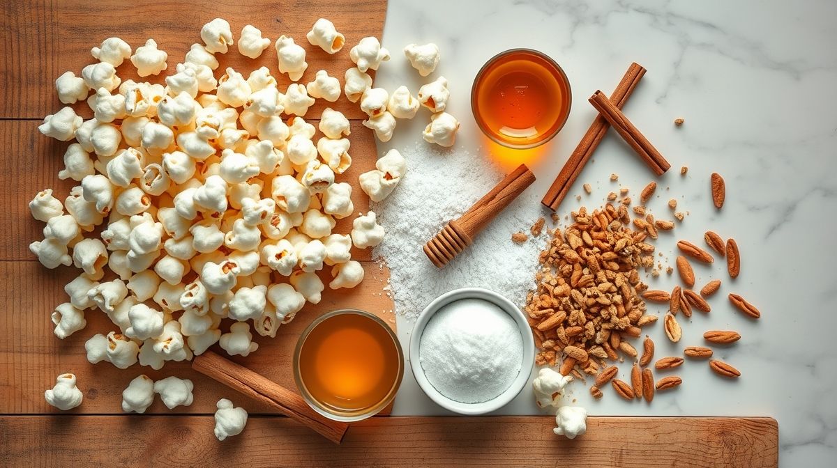 Ingredientes da pipoca doce fit organizados sobre bancada de mármore.