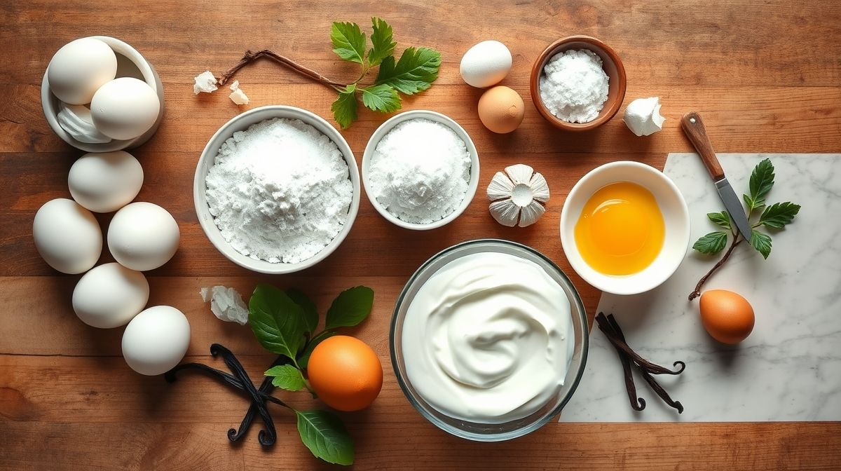 Ingredientes do pudim de claras organizados em bancada: claras, açúcar, raspas de limão, essência de baunilha e açúcar para o caramelo.