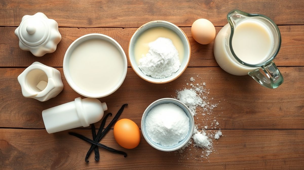 Ingredientes do pudim e caramelo organizados em bancada de madeira rústica