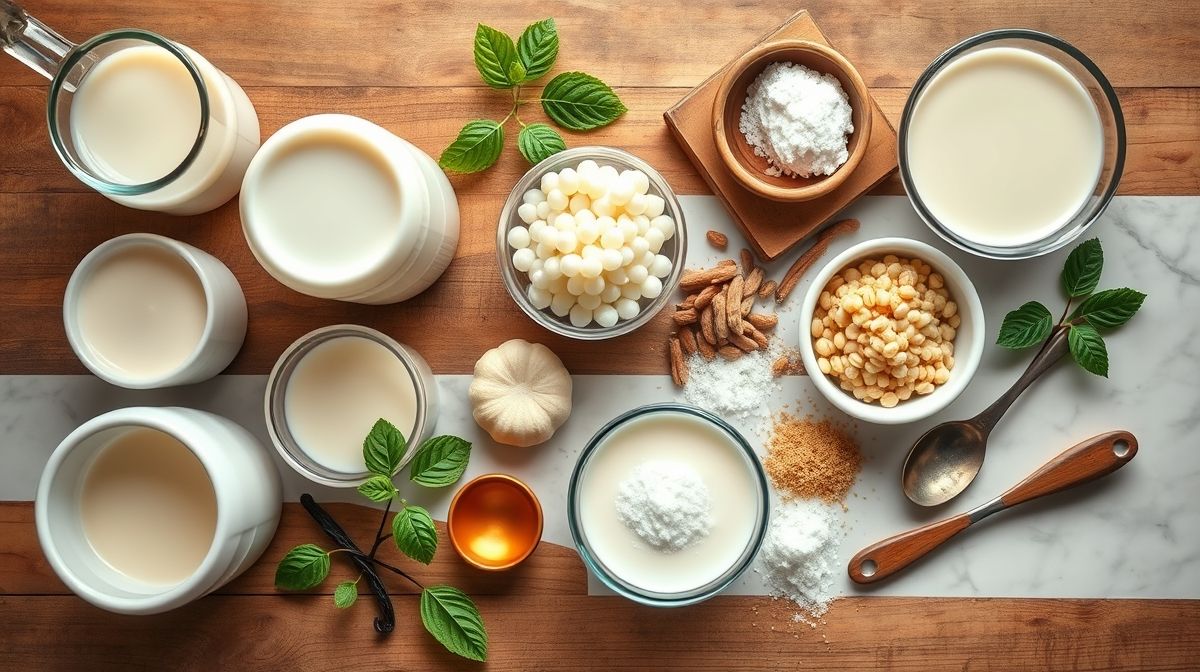 Ingredientes do pudim organizados em bancada rústica, vistos de cima