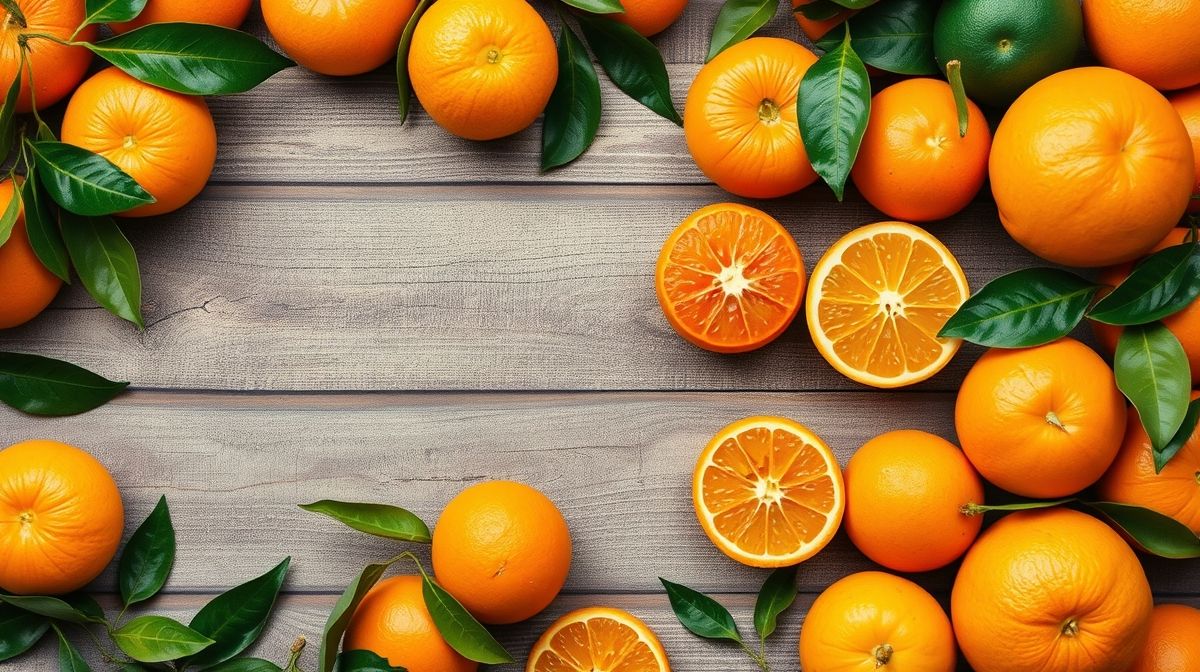 Vista superior de diferentes tipos de laranja organizados sobre bancada rústica.