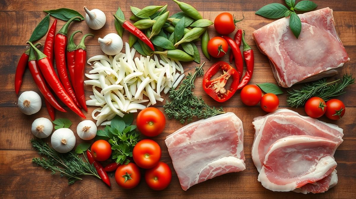 Ingredientes da receita de suã organizados em cima de uma bancada de madeira