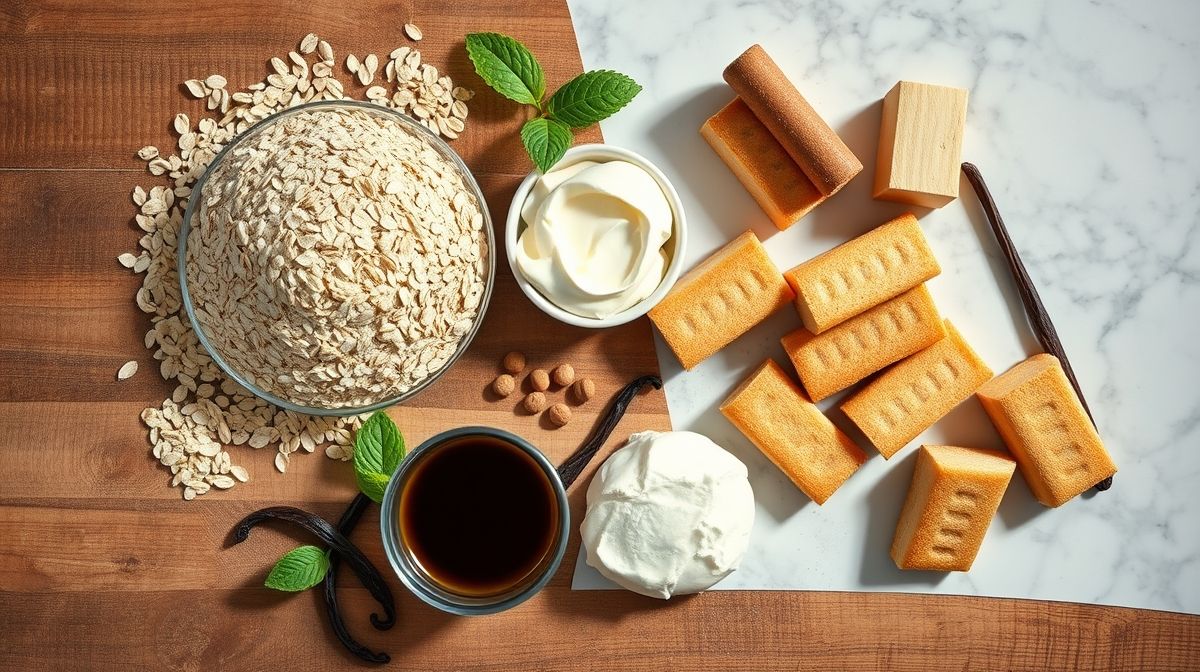 Visão de cima dos ingredientes como aveia, banana, café, cacau e iogurte organizados em uma bancada.