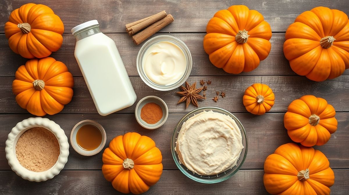 Ingredientes frescos e secos organizados em bancada de madeira rústica para o preparo da torta.