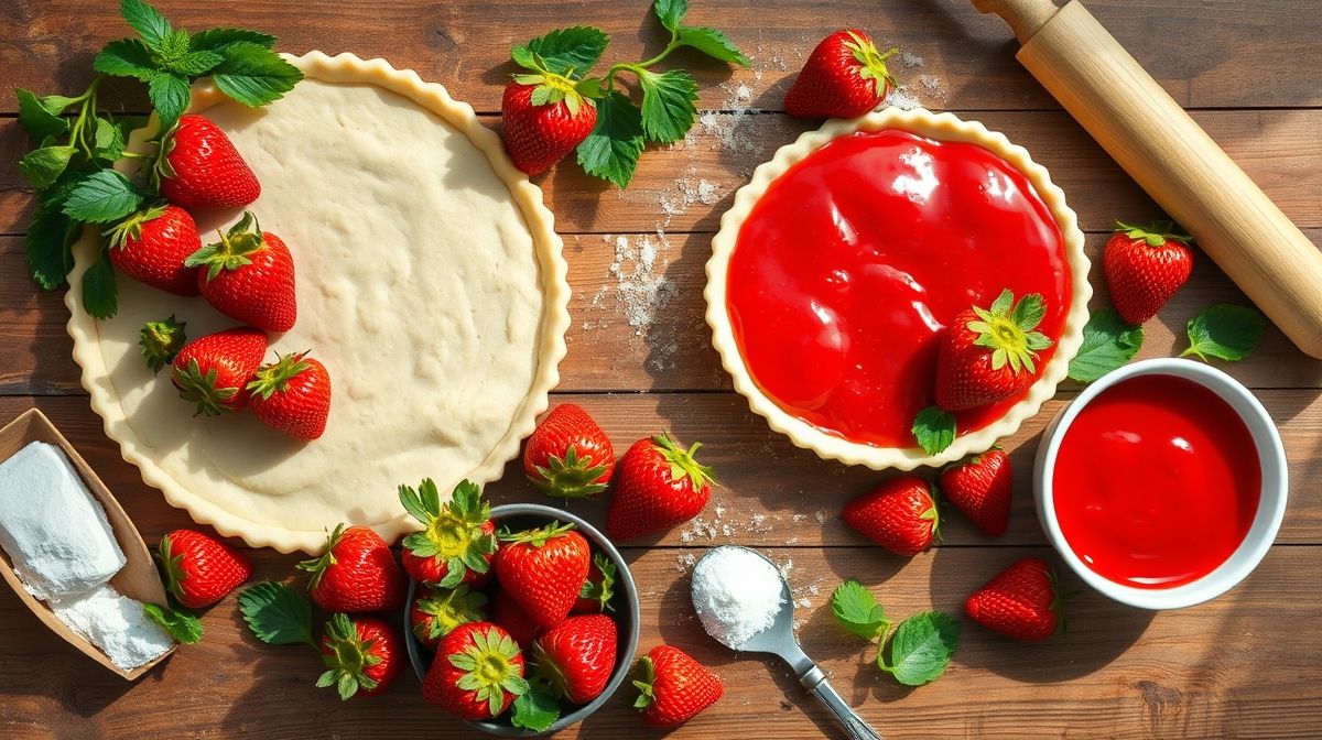 Visão de cima dos ingredientes organizados em uma bancada de madeira