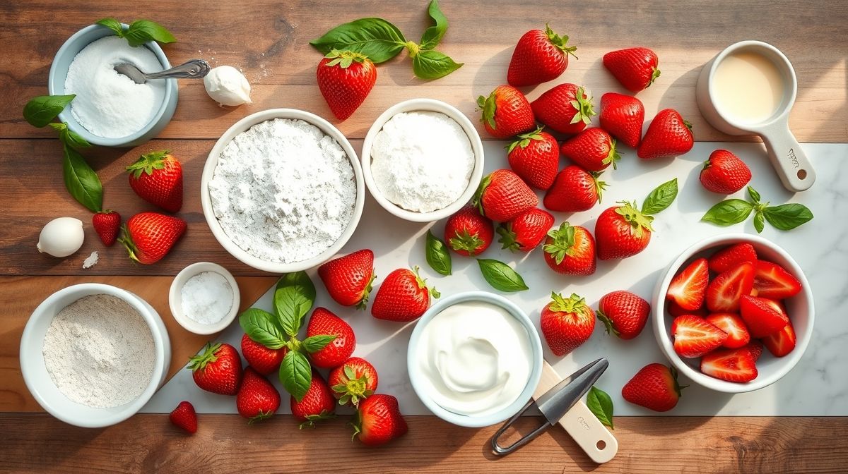 Ingredientes organizados em bancada para preparo da torta de morango.
